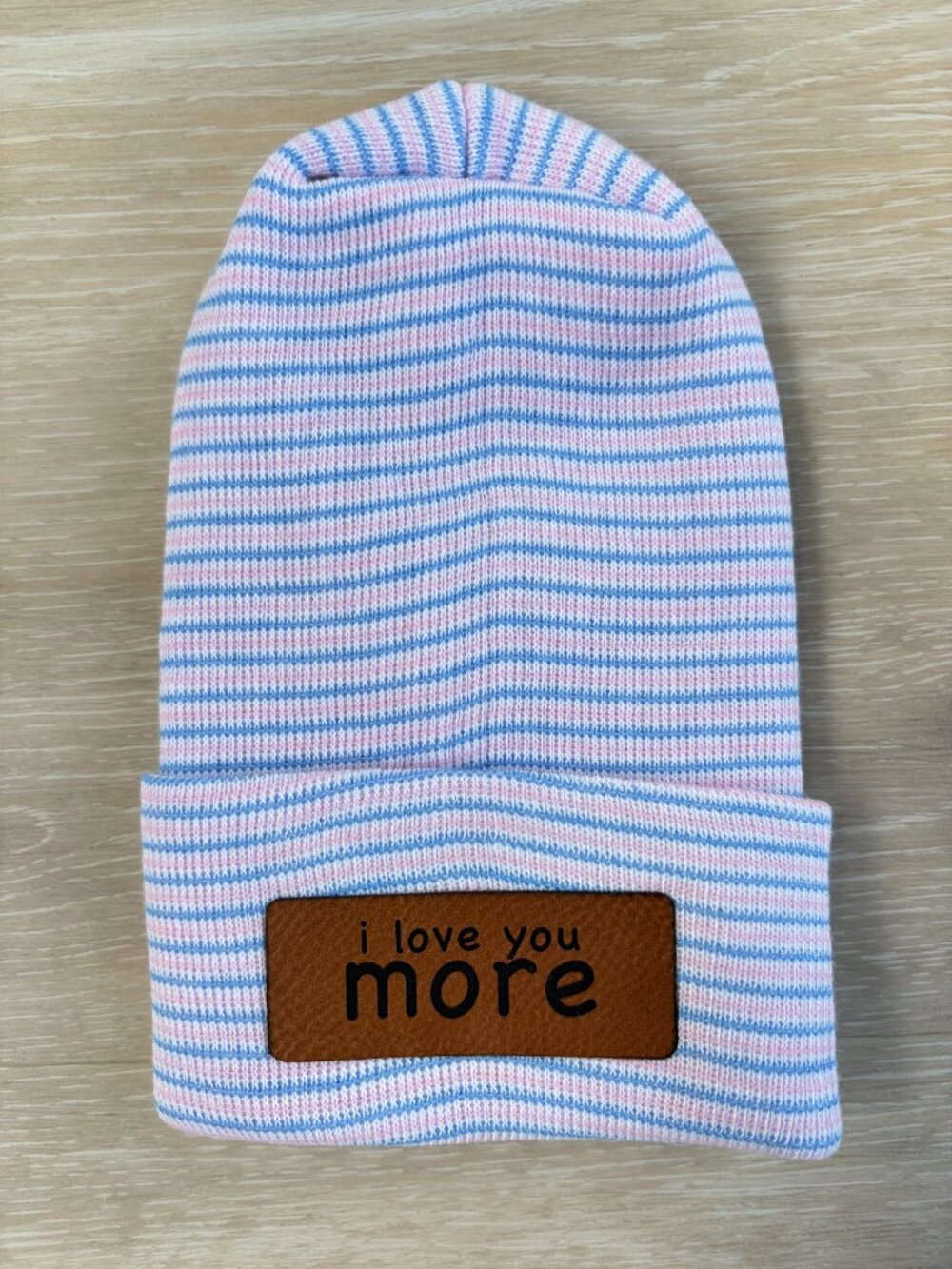 I Love You More Newborn Engraved Beanie 0-3 Months Blue Pink Striped Baby Hat